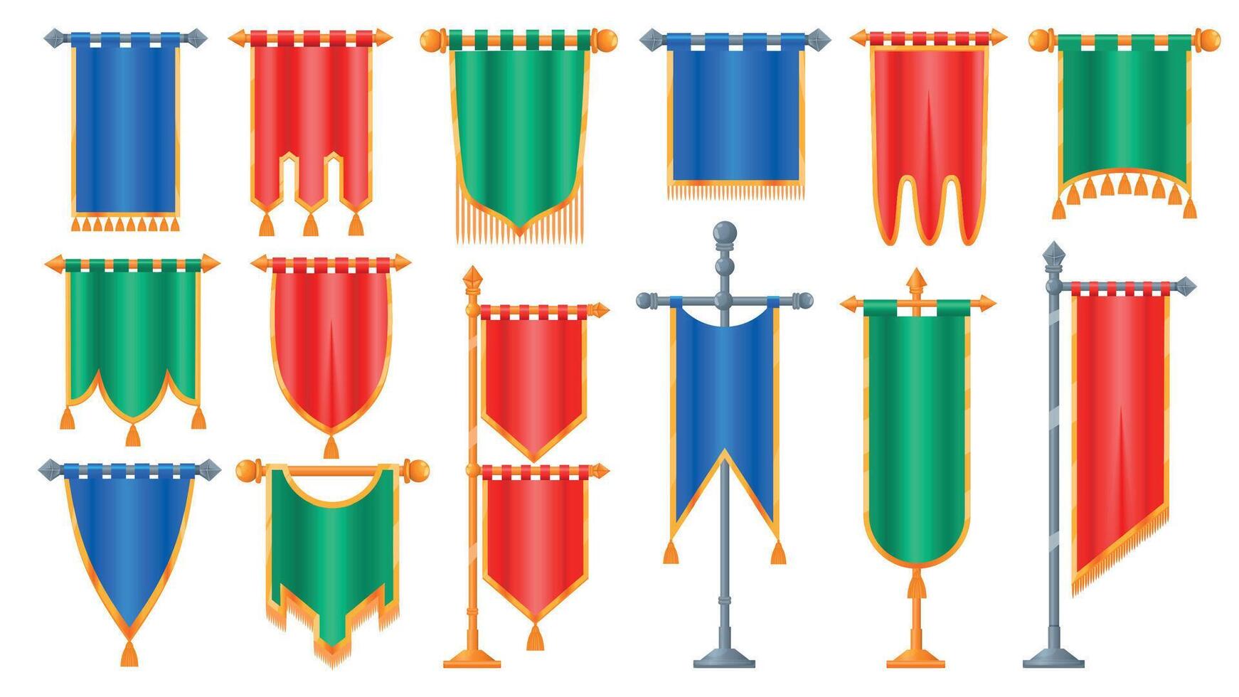 fantasía banderas dibujos animados colgando Clásico medieval decoración, antiguo Caballero asta de bandera con Reino heráldico emblema para vídeo juego activos. vector conjunto