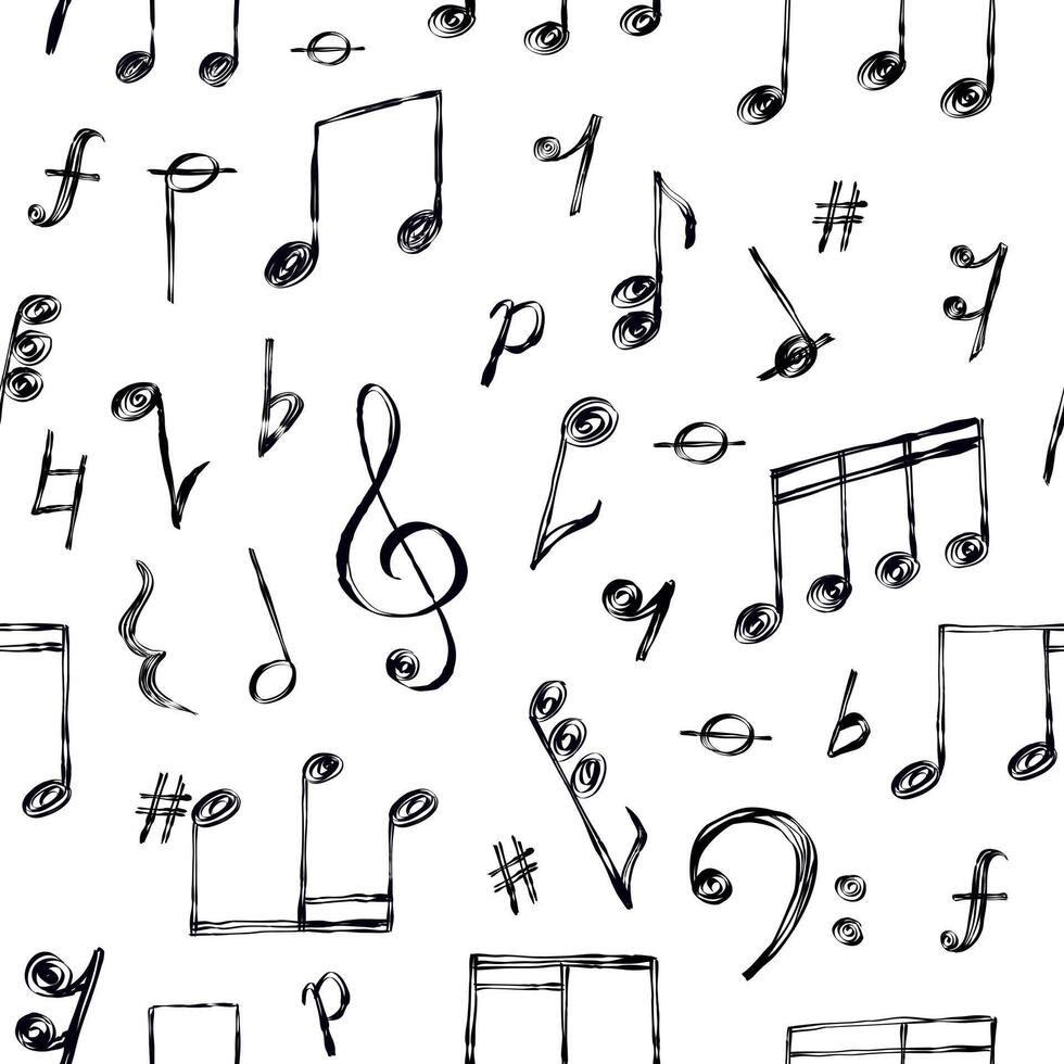 Doodle music notes, signs and clefs, melody seamless pattern. Hand drawn sketch song sound symbols wallpaper. Musical notation vector print