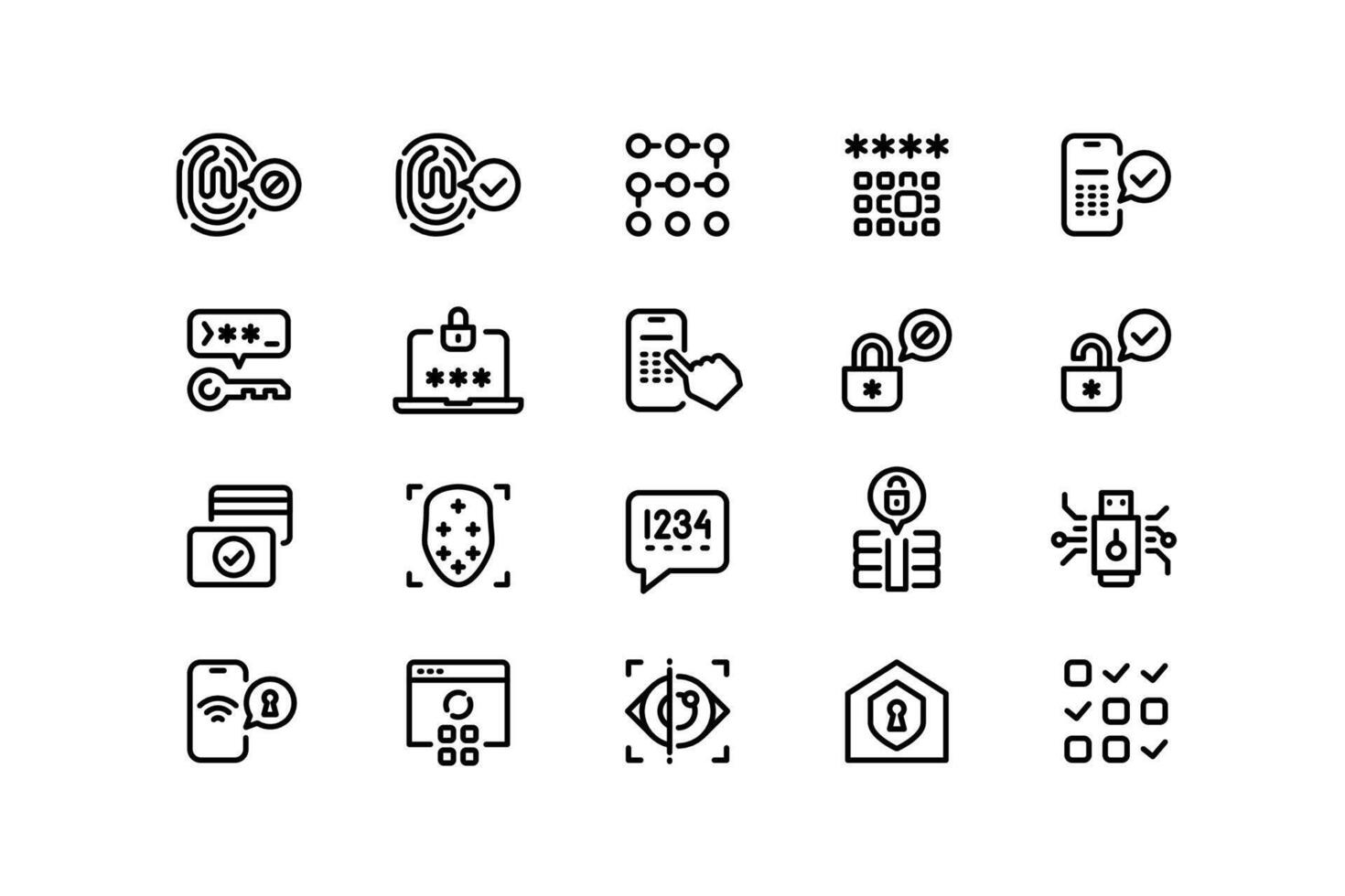 App security line icons. Face detection, pin-code and password, eyeball and fingerprint scan, physical and electronic access key. Vector editable stroke collectio