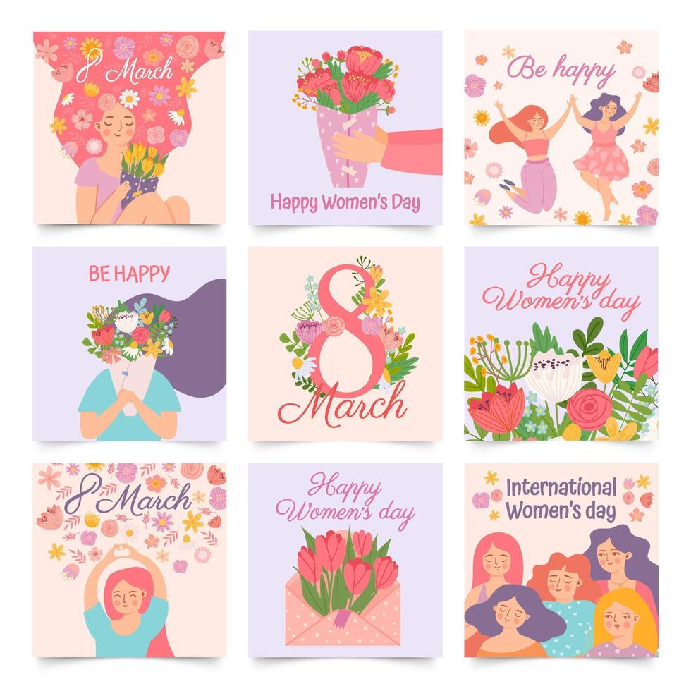 internacional De las mujeres día. carteles con contento bailando mujer y primavera flores celebrando 8 marzo. dibujos animados hembra sostener ramo de flores vector conjunto