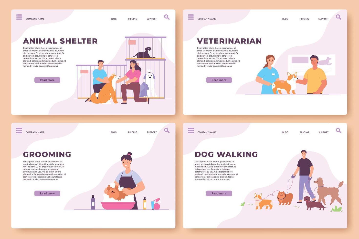 Animal care service, grooming, veterinarian, walking and shelter landing. Web pages for pets salon, veterinary and dog volunteers vector set