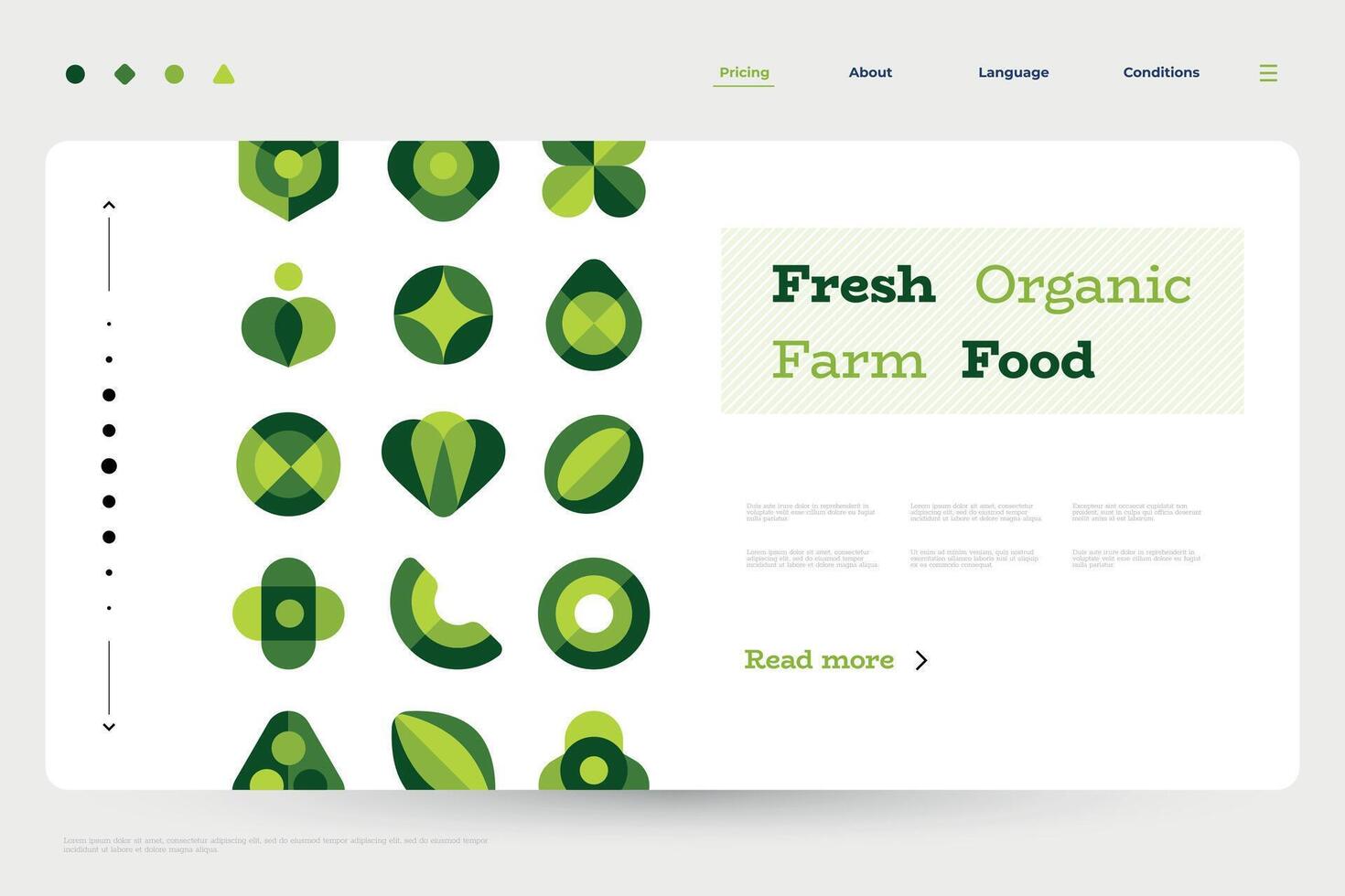 Organic food landing. Web page template with flat geometric abstract shapes, minimalist green plants and fresh food forms. Vector illustration