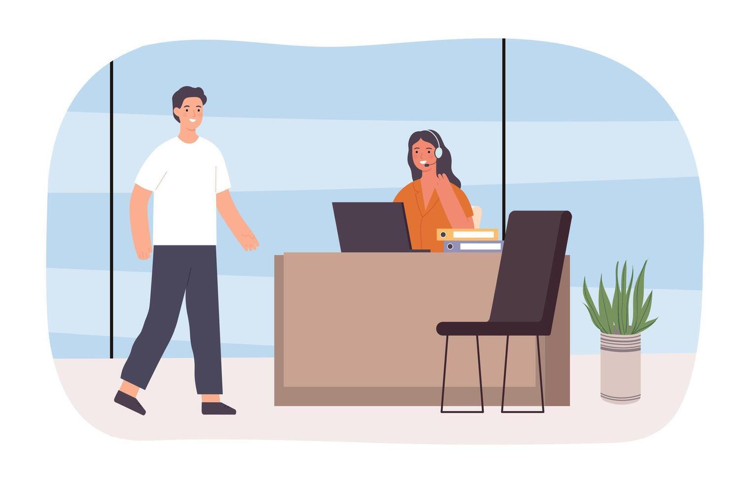 Customer support. Woman worker in headset sitting at desk and talking to client. Female character providing service vector