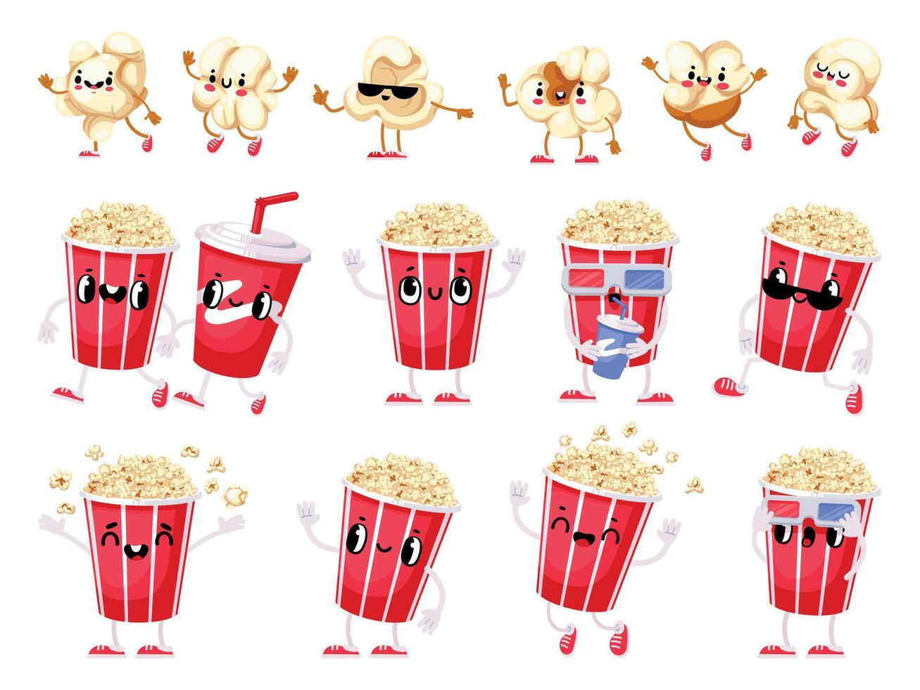 palomitas de maiz mascota. dibujos animados dulce y salado estallar maíz película divertido bocadillo personaje con linda contento rostro, manos y piernas. vector comida para televisión serie y cine acecho