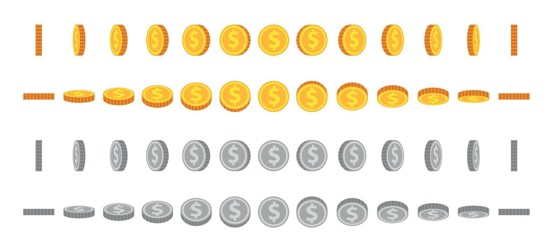 Cartoon coin animation sprites. Gold and silver coins flip and rotate. Round dollar for animated game. Money icon in angle view vector set