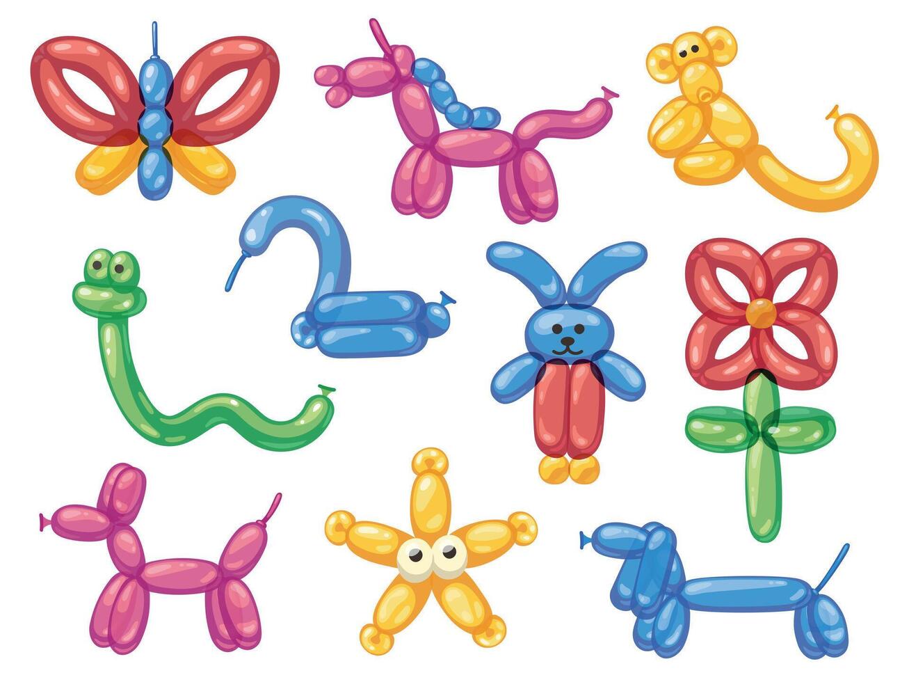 Balloon animals. Cartoon helium rubber dog butterfly horse monkey snake, cute bubble decoration for child birthday party celebration. Vector isolated set