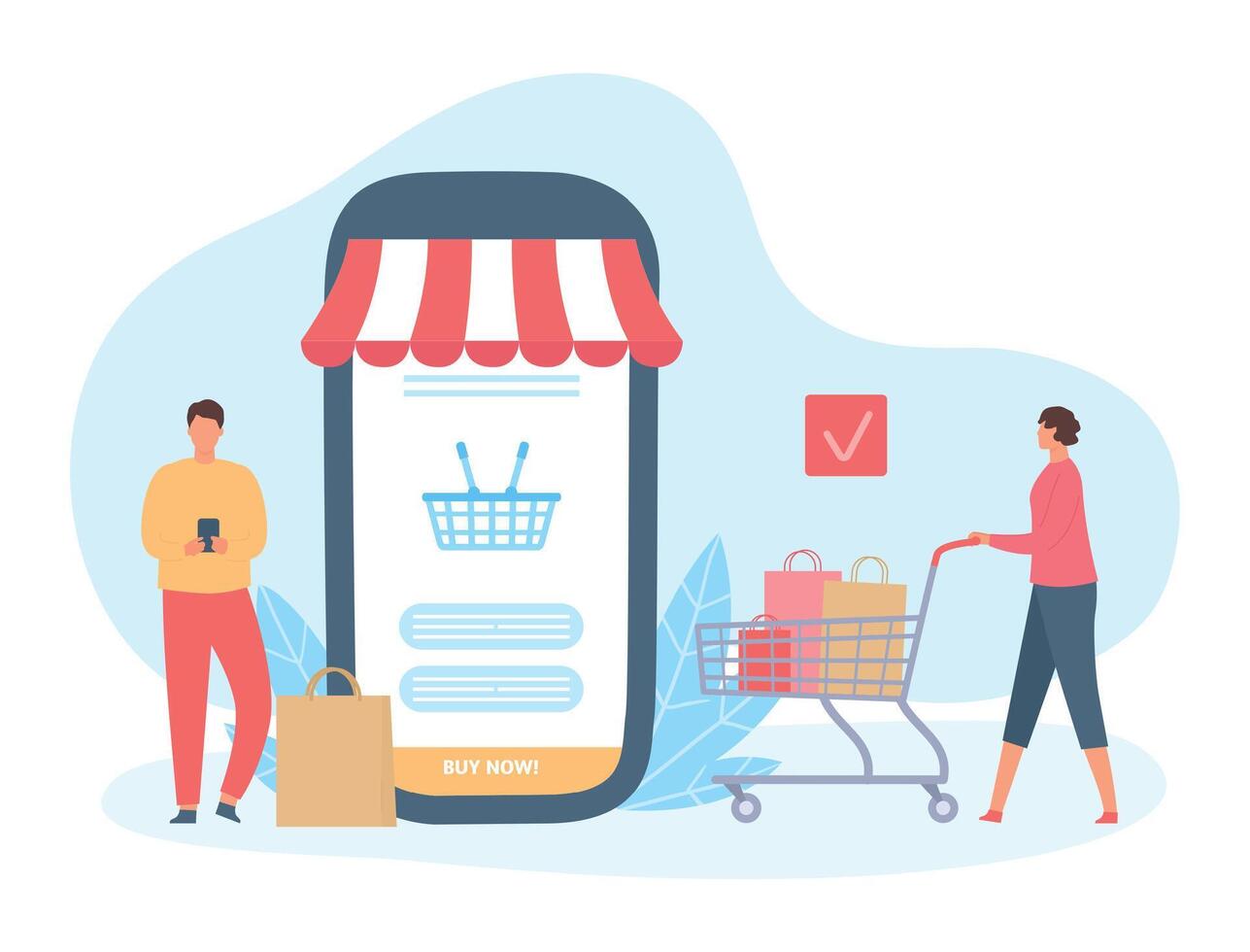 en línea compras. personas comprando bienes utilizando teléfono inteligente dispositivo pantalla con cesta para compras mujer con pantalones vector
