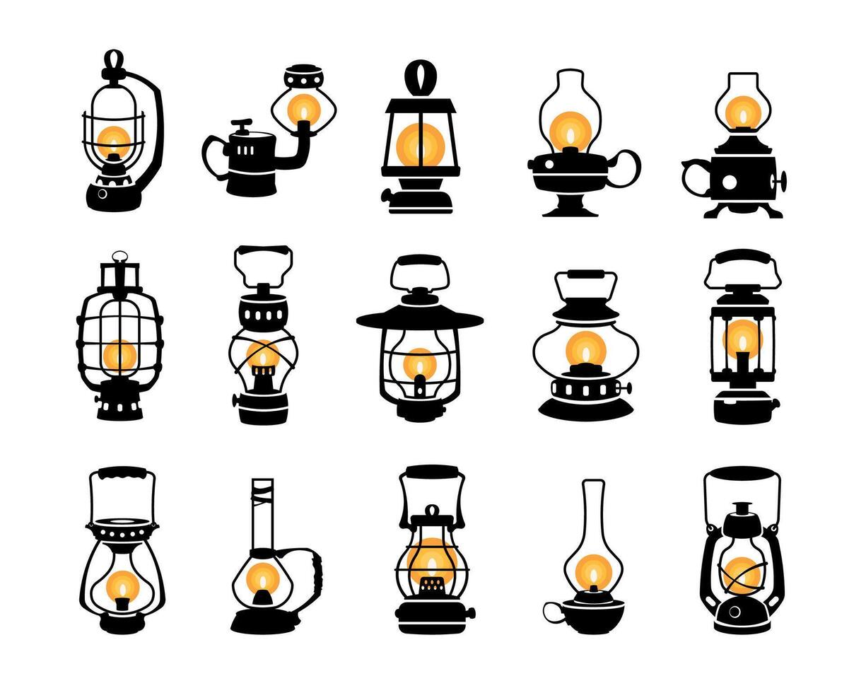 Lantern silhouette. Vintage black oil kerosene gas lamps, monochrome retro night light equipment with holder flat style. Vector collection