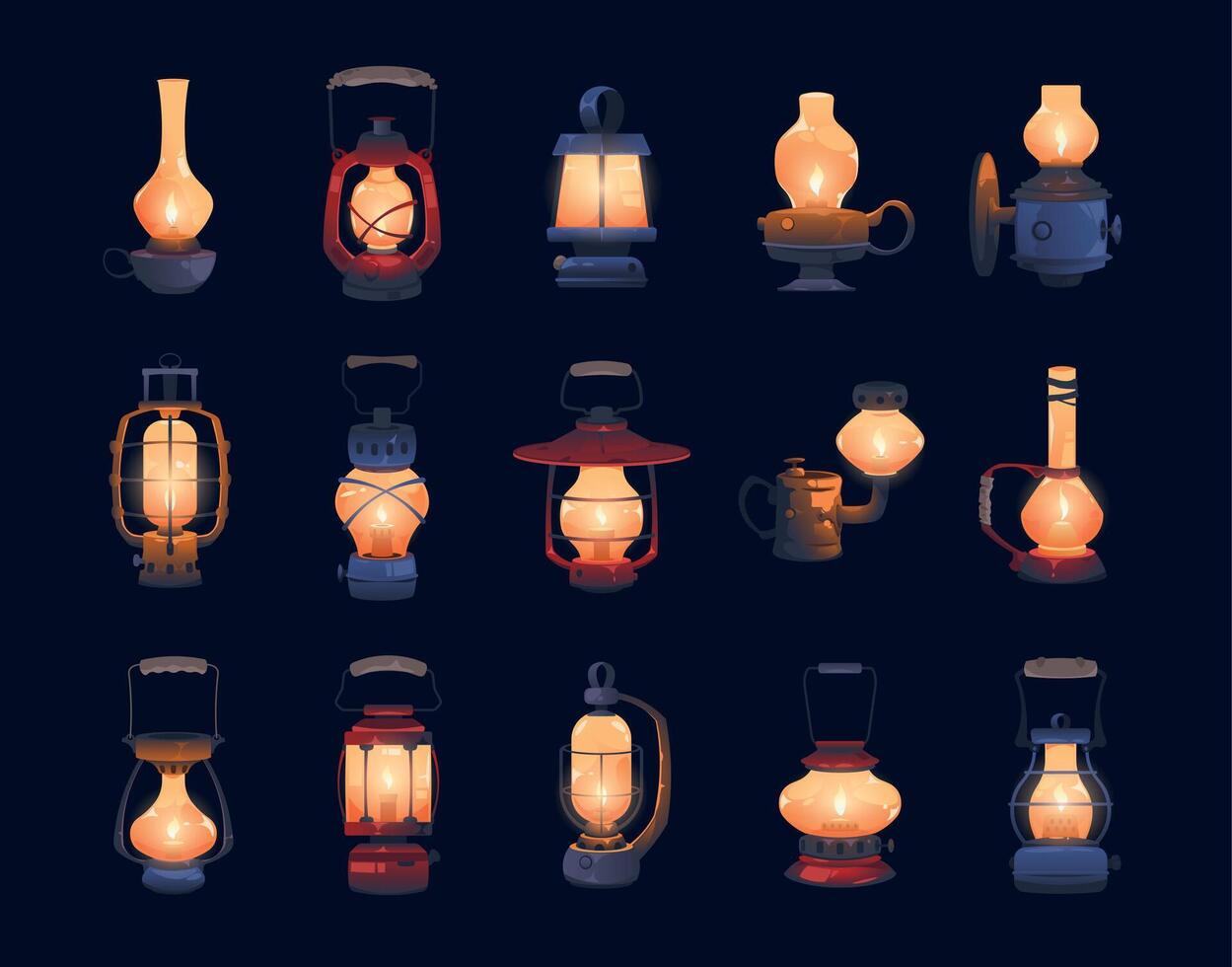 Cartoon lantern. Old gas kerosene lamp with burning wick and handle, portable tourist camping or hiking lighting equipment flat style. Vector isolated set