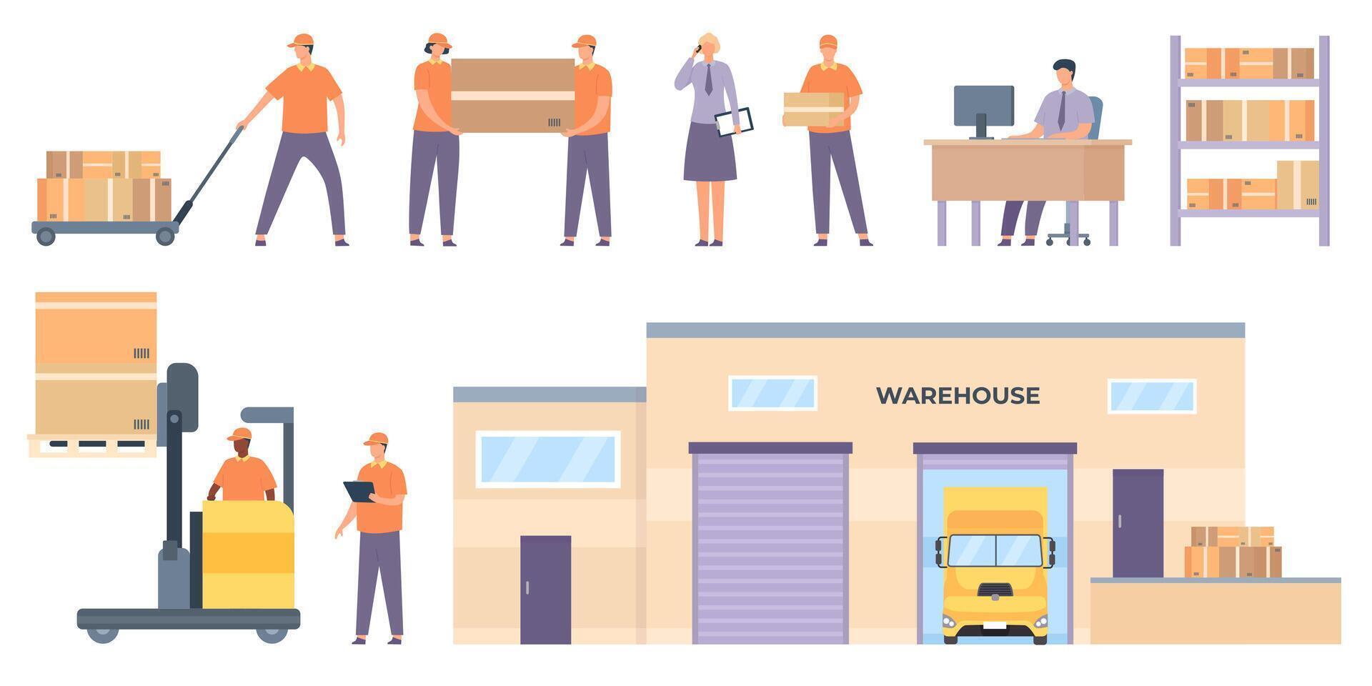 Logistics workers. Merchandise warehouse building and truck, shelves with parcels, couriers, forklifts lift boxes. Flat delivery vector set