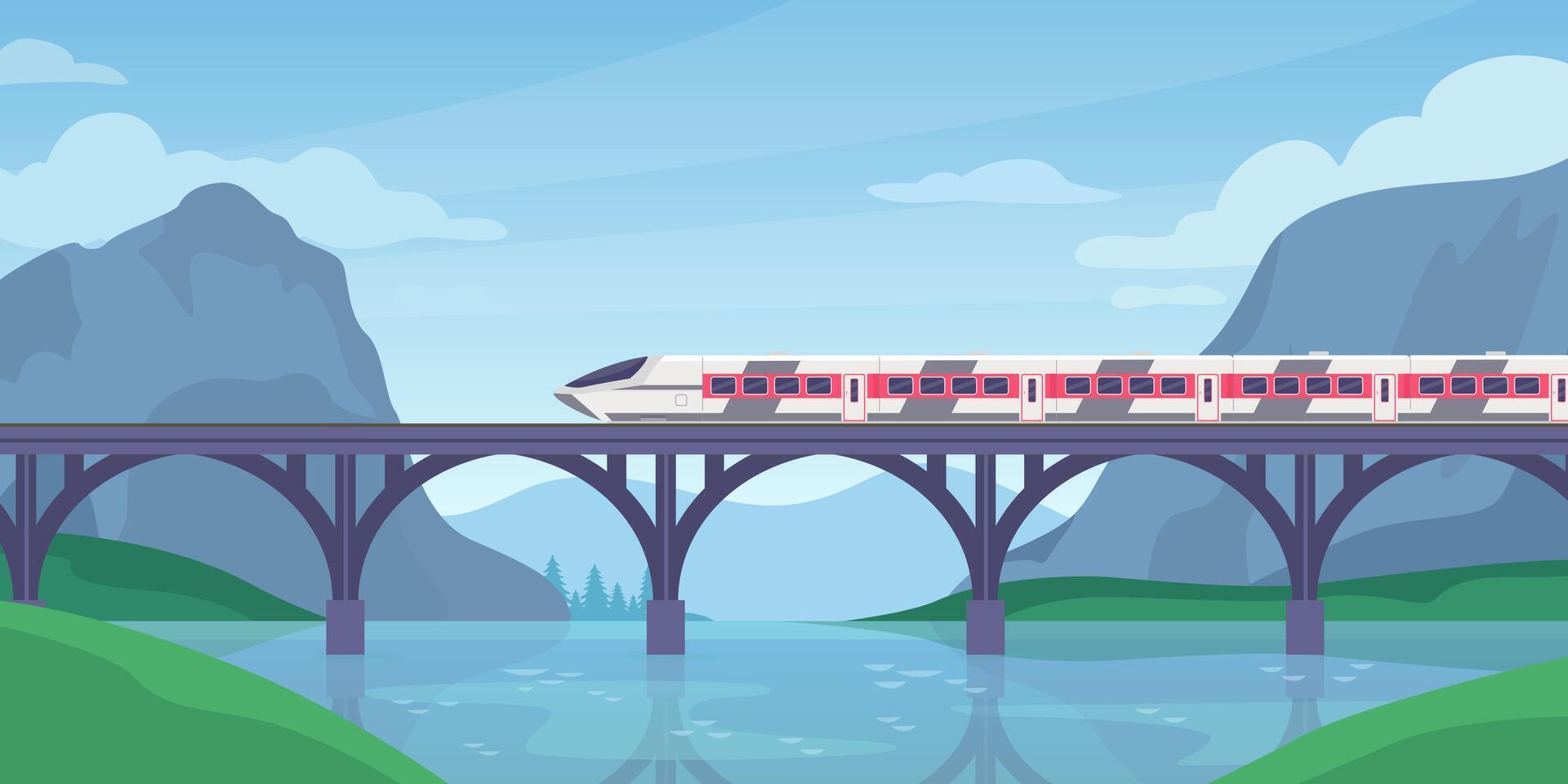 tren en puente. montaña paisaje con velocidad eléctrico tren en ferrocarril. rápido ferrocarril transporte. de viaje aventuras viaje vector concepto