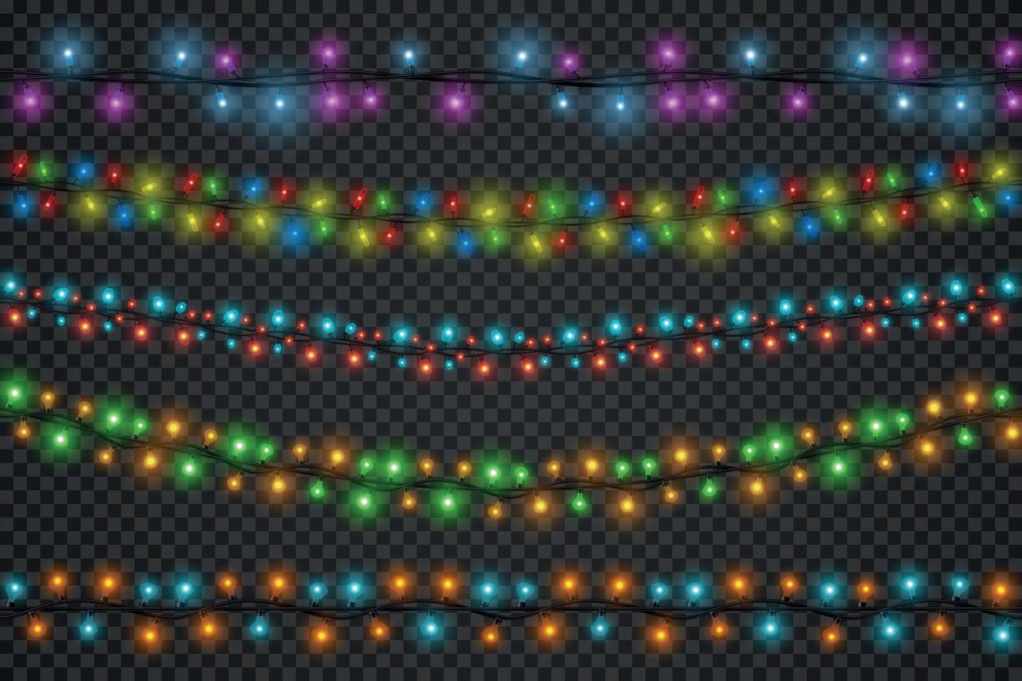 Realistic christmas colored glowing light garlands borders. Winter holidays, party or festive decoration string with led lights vector set