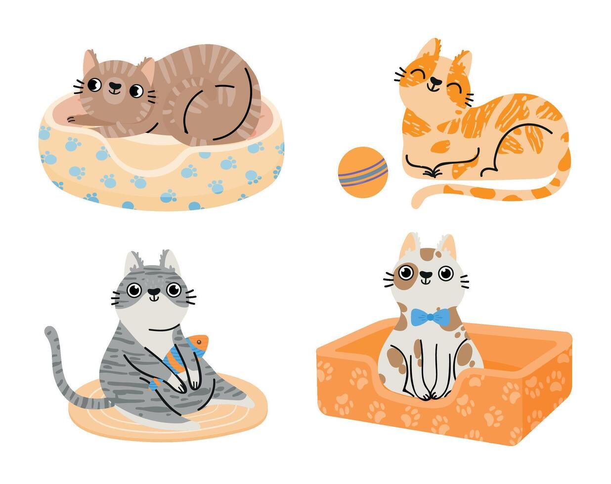 Cartoon cats. Furry colorful animals sitting and lying in bed, playing with ball and fish toy. Domestic characters vector