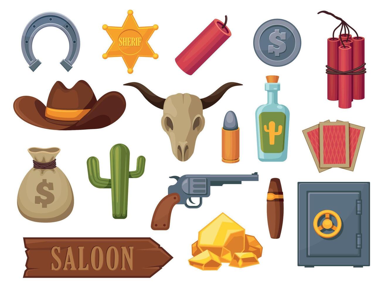 Cartoon wild west icons. Cowboy cactus rodeo saddle lasso guitar snake tequila horseshoe flat style, flat western elements. Vector colorful set