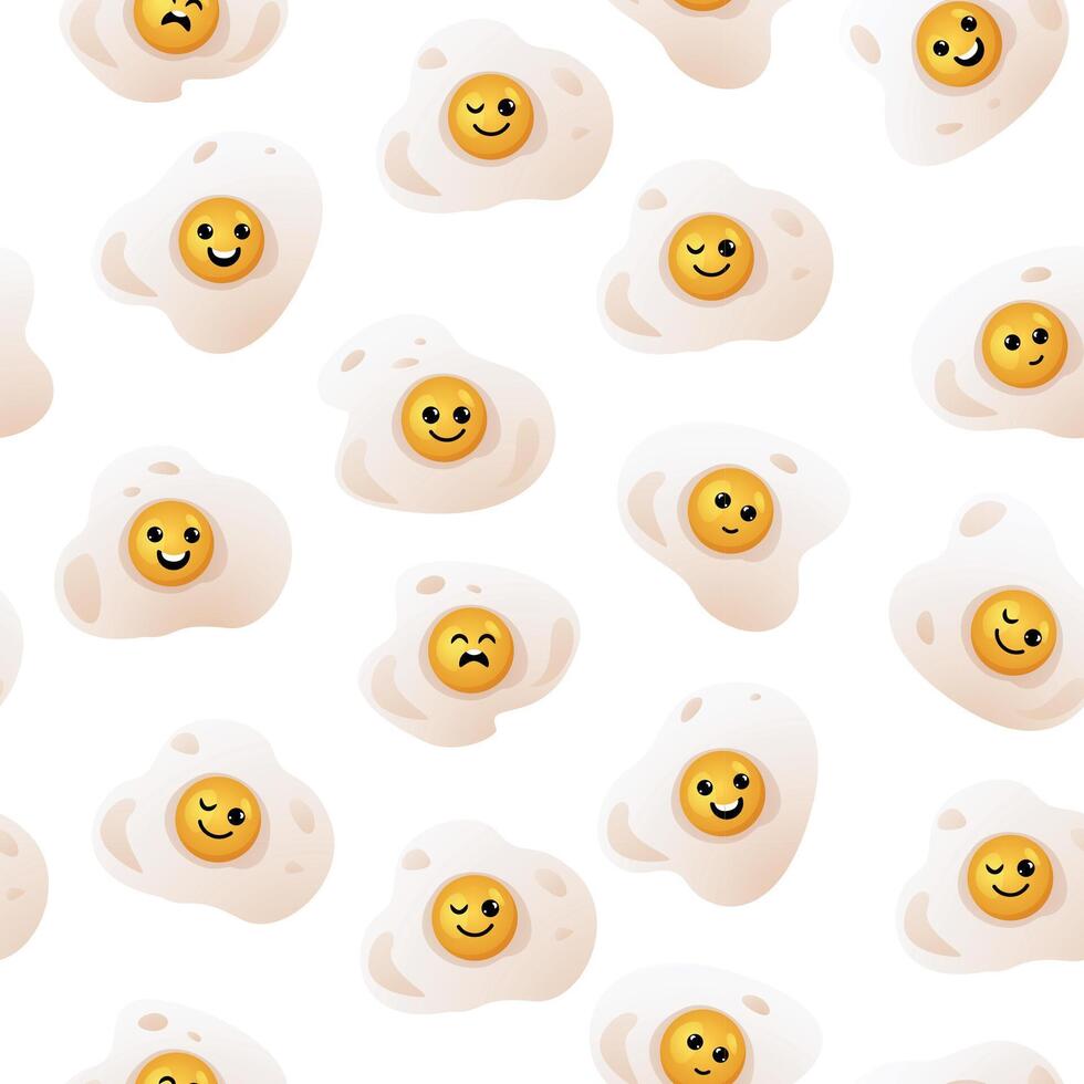 Cartoon eggs pattern. Seamless print of fried egg, healthy cooked breakfast cute repeated background for wrapping paper fabric textile. Vector texture