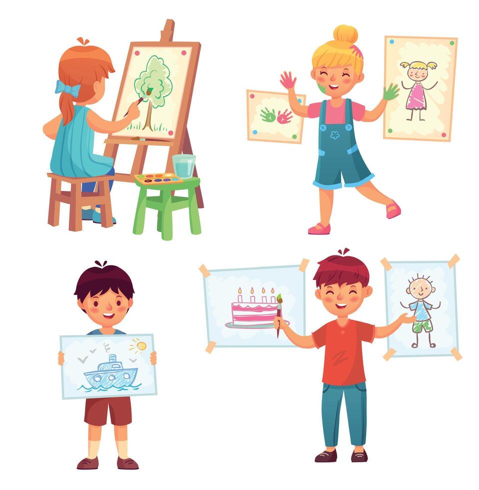 Drawing children, kid illustrator. Chill boys and girls painting and holding pictures. Character sitting on chair vector