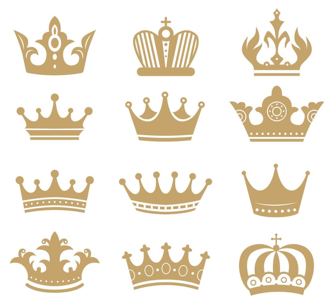 Gold crown silhouette. Royal king and queen elements isolated on white. Monarch jewelry, diadem or tiara for princess vector