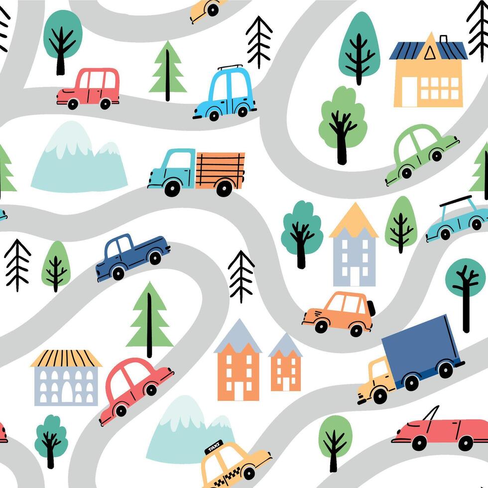 Cartoon roads and cars, city map kid seamless pattern. Wallpaper with street, trees, houses and trucks. Travel doodle for rug vector texture