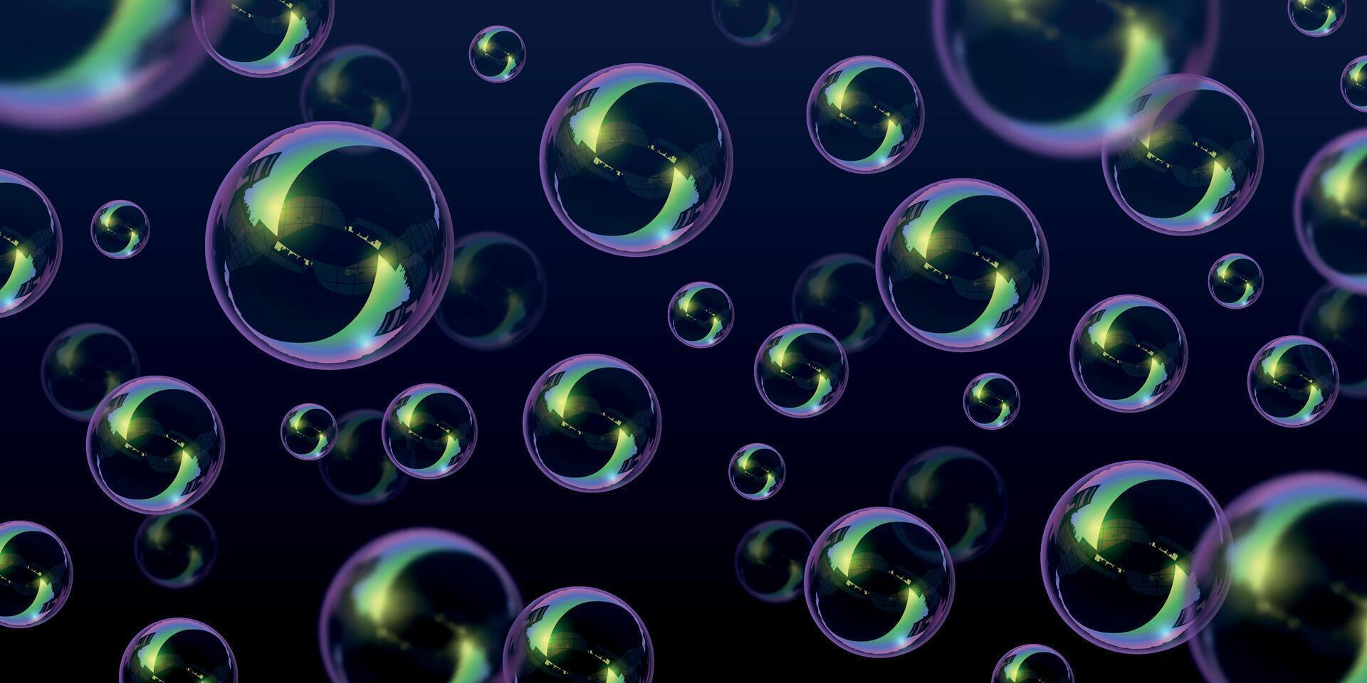 Realistic background with colorful glossy flying soap bubbles. Bath foam 3d spheres with rainbow reflection. Washing bubbles vector concept