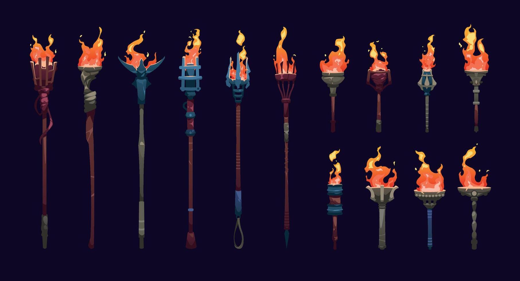 dibujos animados ardiente antorcha. duende animación marco colección de medieval ardiente fuego fuego resplandor secuencia, fuego en metal madera palos para juego activo. vector conjunto