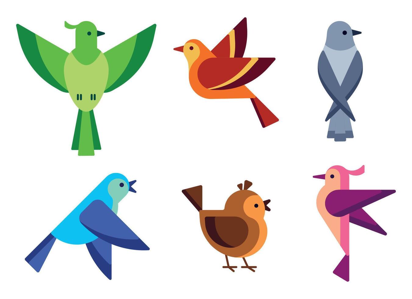 Flat colorful birds with wings. Bright flying characters with feathers in wildlife. Small singing pigeons and sparrows vector