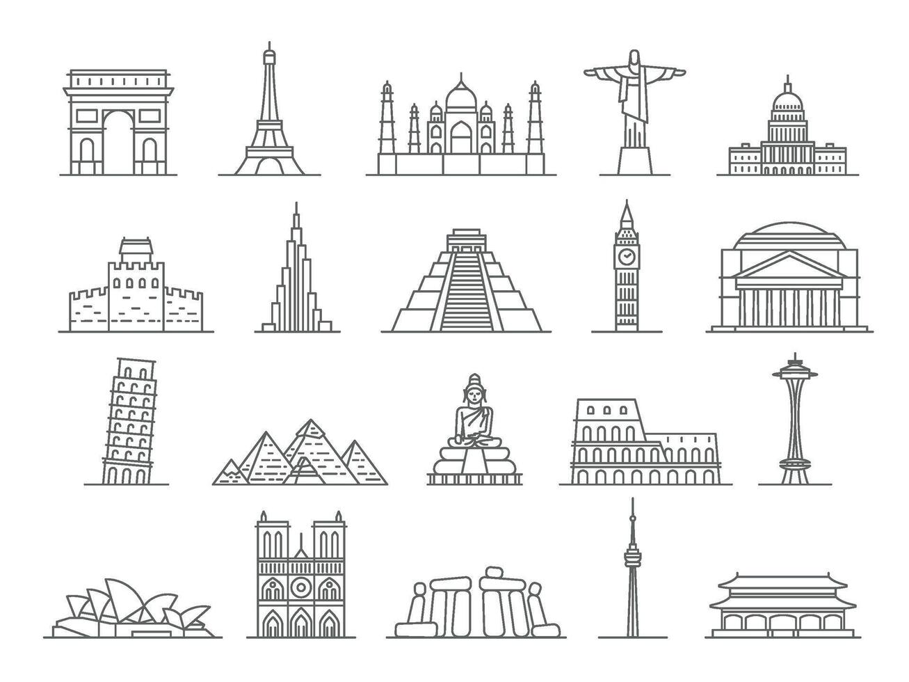 mundo puntos de referencia línea iconos, grande ben, eiffel torre y pirámides Europa famoso monumentos, Italia, Francia y Inglaterra viaje lugares vector conjunto