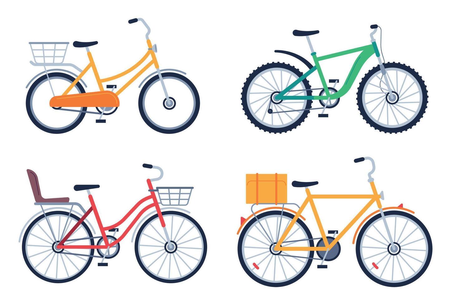 Flat bikes, bicycle for delivery product. Different vehicles with baskets and box for food shipping. Ordering meal vector