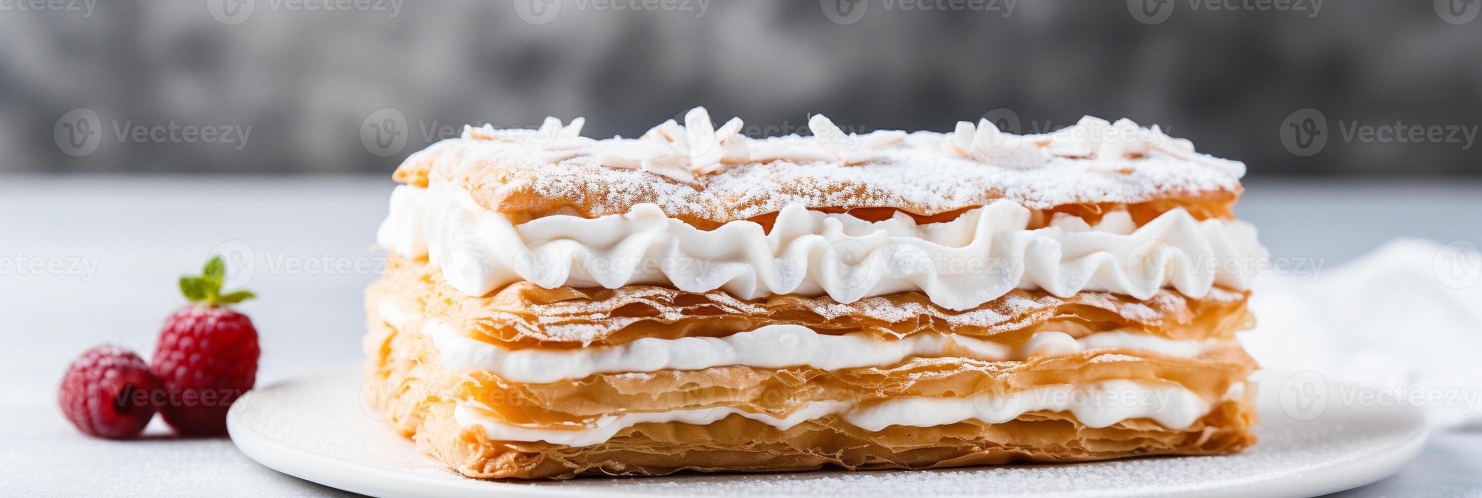 AI generated Napoleon Cake on a white concrete background. layered delight Delicious fresh baked healthy vegan gourmet tasty homemade dessert photo