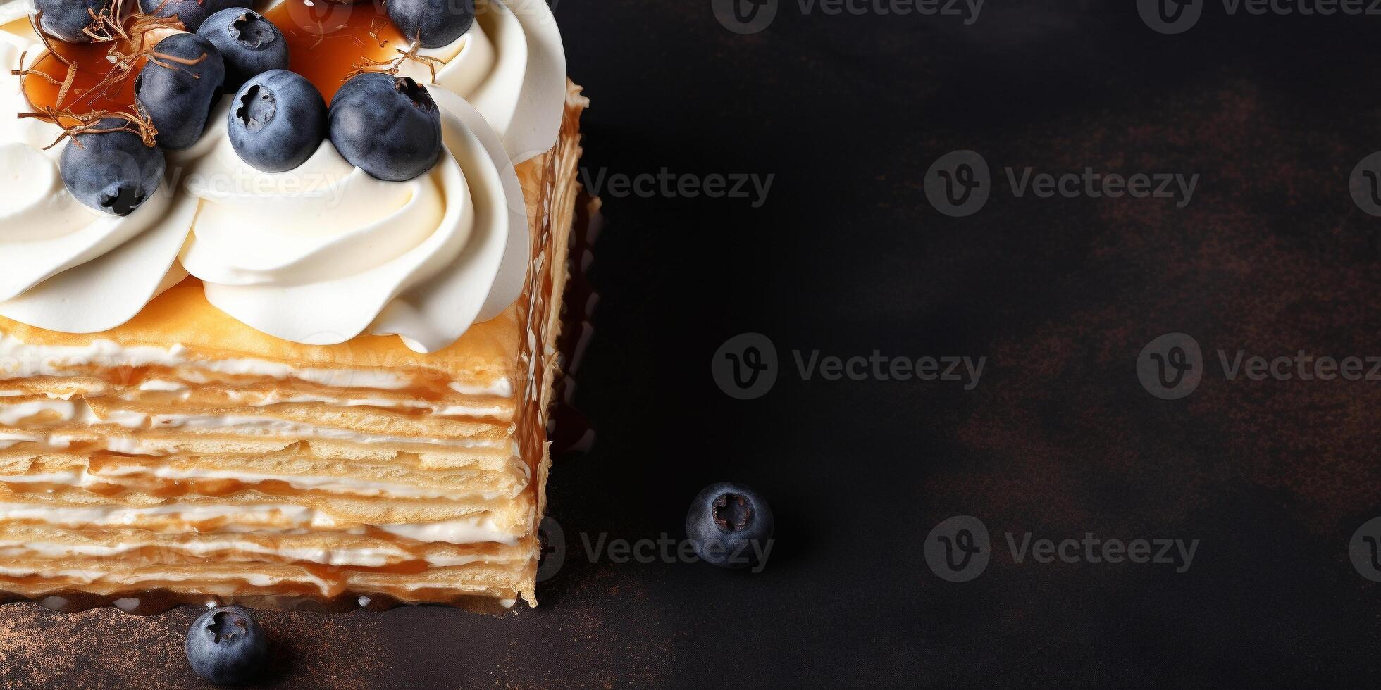 AI generated Top view of Napoleon cake on dark background with copy space layered delight Delicious fresh baked healthy vegan homemade dessert photo