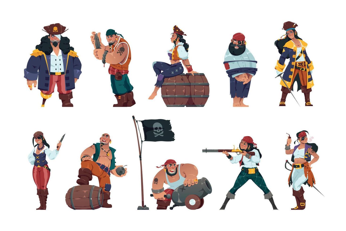 pirata hombres y mujer. dibujos animados fantasía marineros y mar guerreros con espadas tesoro cofre catalejo vistiendo sombreros y pirata disfraces vector marina corsarios colección