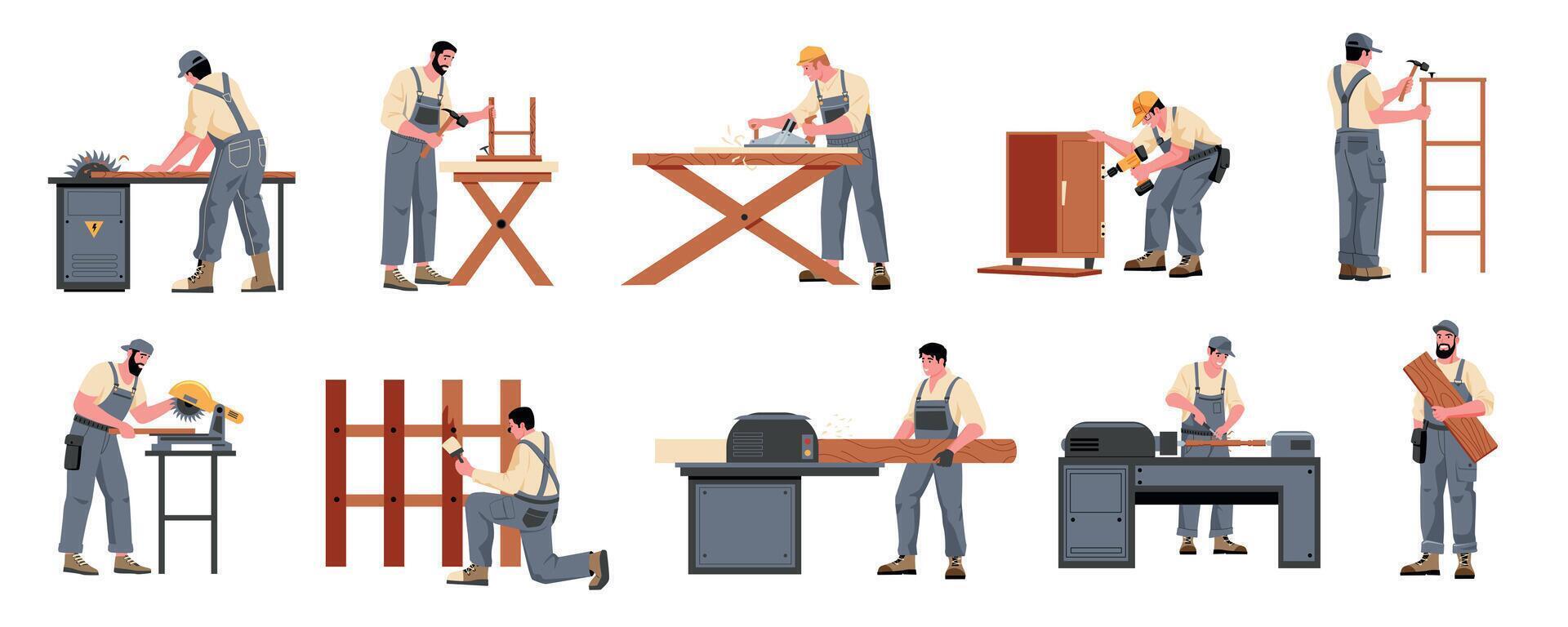 Carpenter with furniture. Man with lumber equipment working sawing with wood material, woodworking carpentry handcraft concept. Vector cartoon set