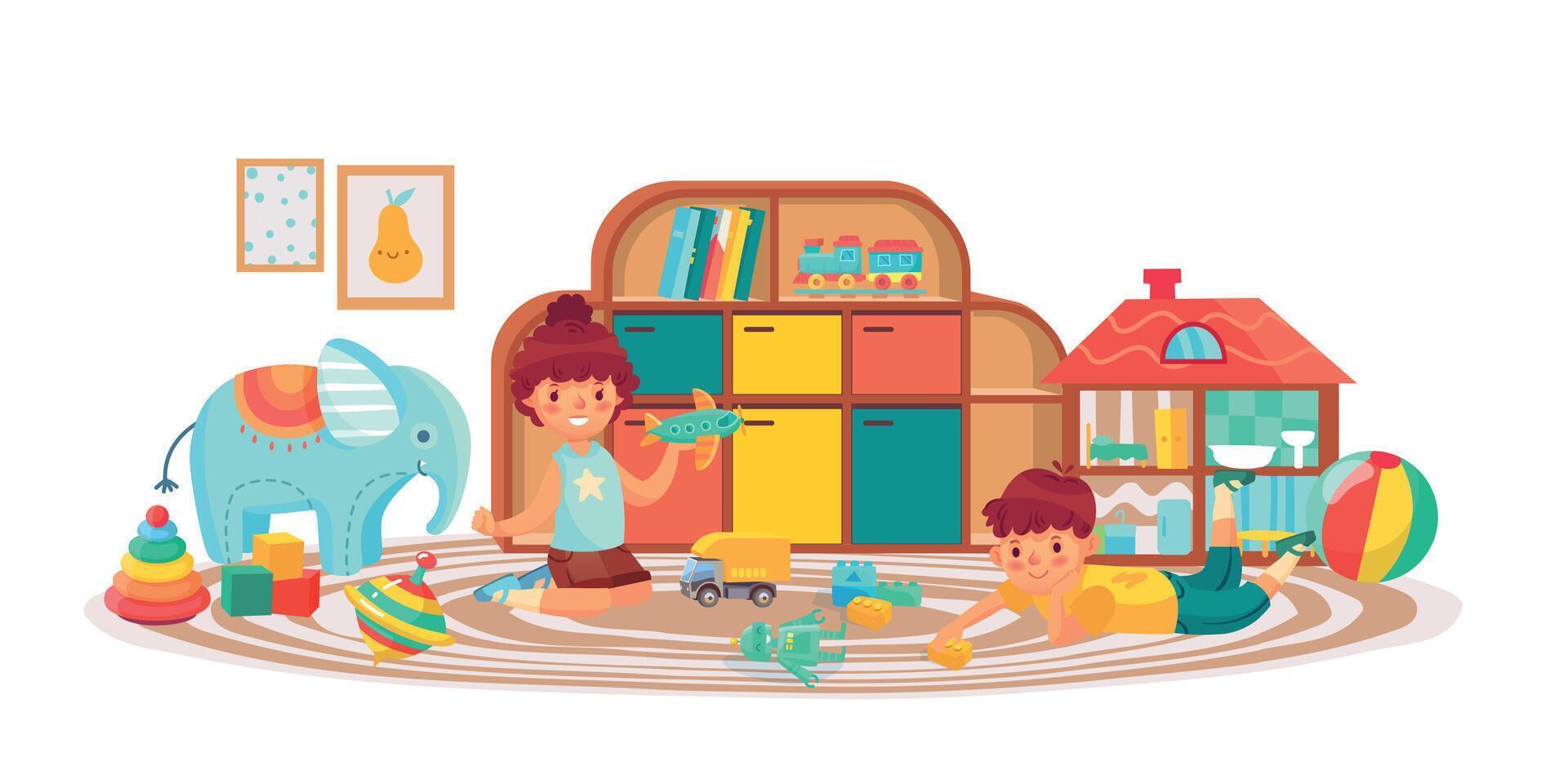 niños en jugando habitación con juguetes, chico y niña vector