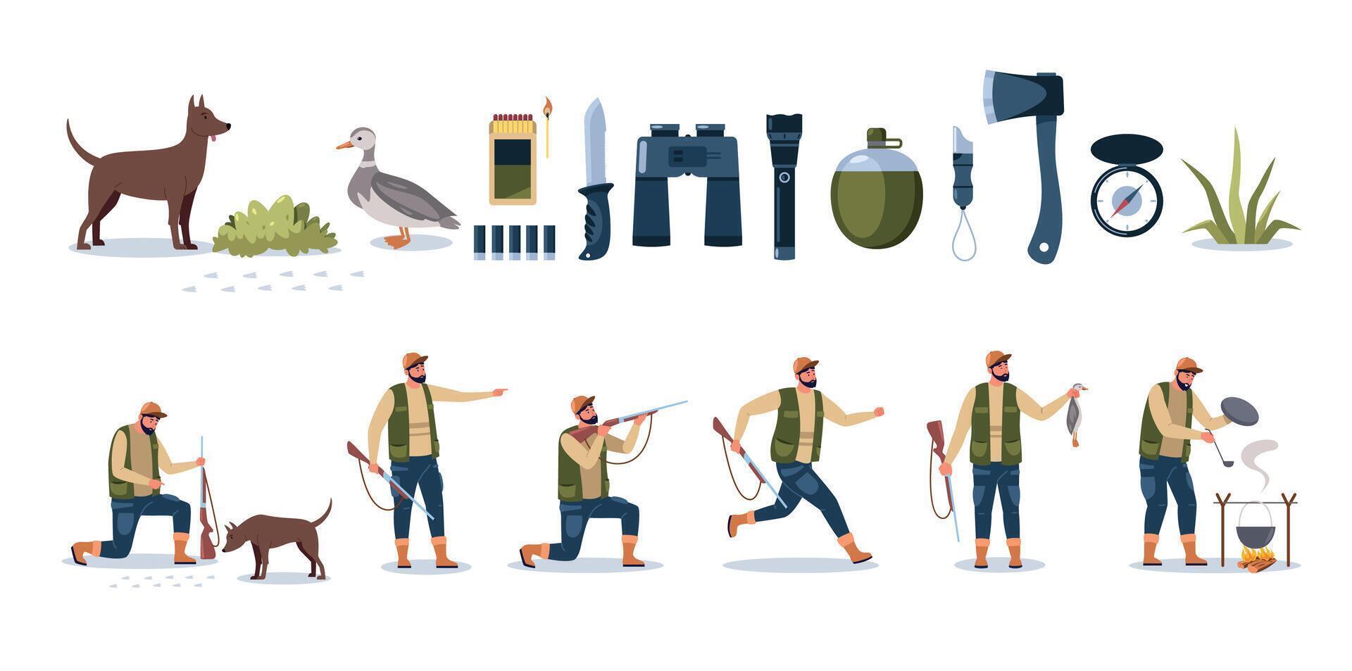 Hunter ammunition. Cartoon character gunner sniper rifles with hunting ammunition, shotgun and binoculars for hunting weapon. Vector isolated set