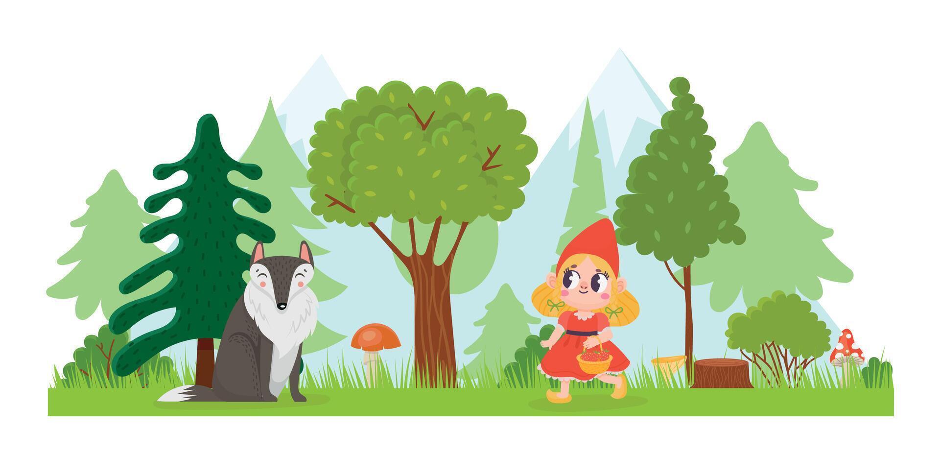 Little Red Riding Hood. Girl walking with basket in forest. Wolf animal sitting among trees. Fairytale with happy child vector