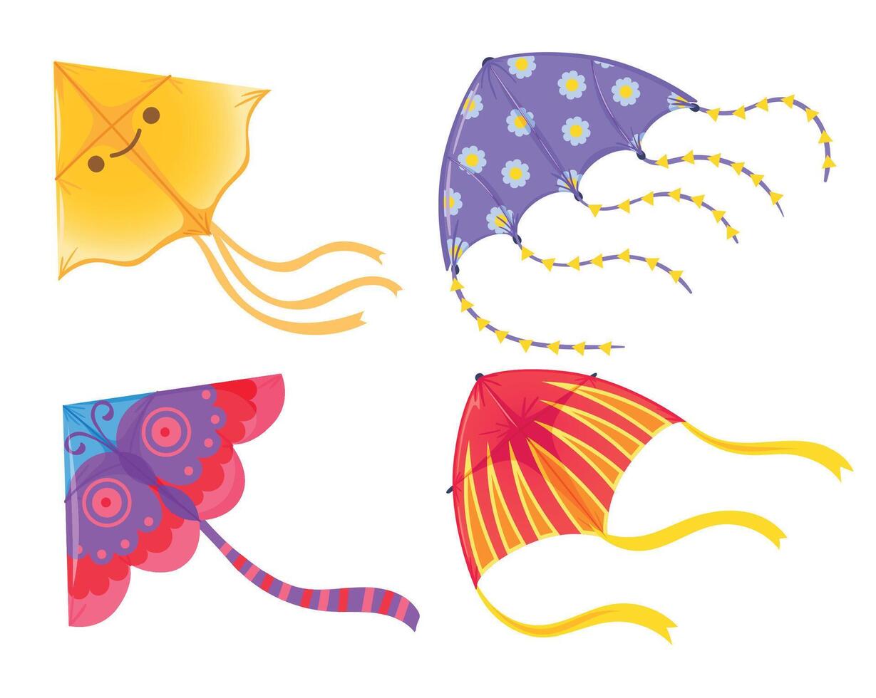Cartoon colored kites of set for kids playing vector