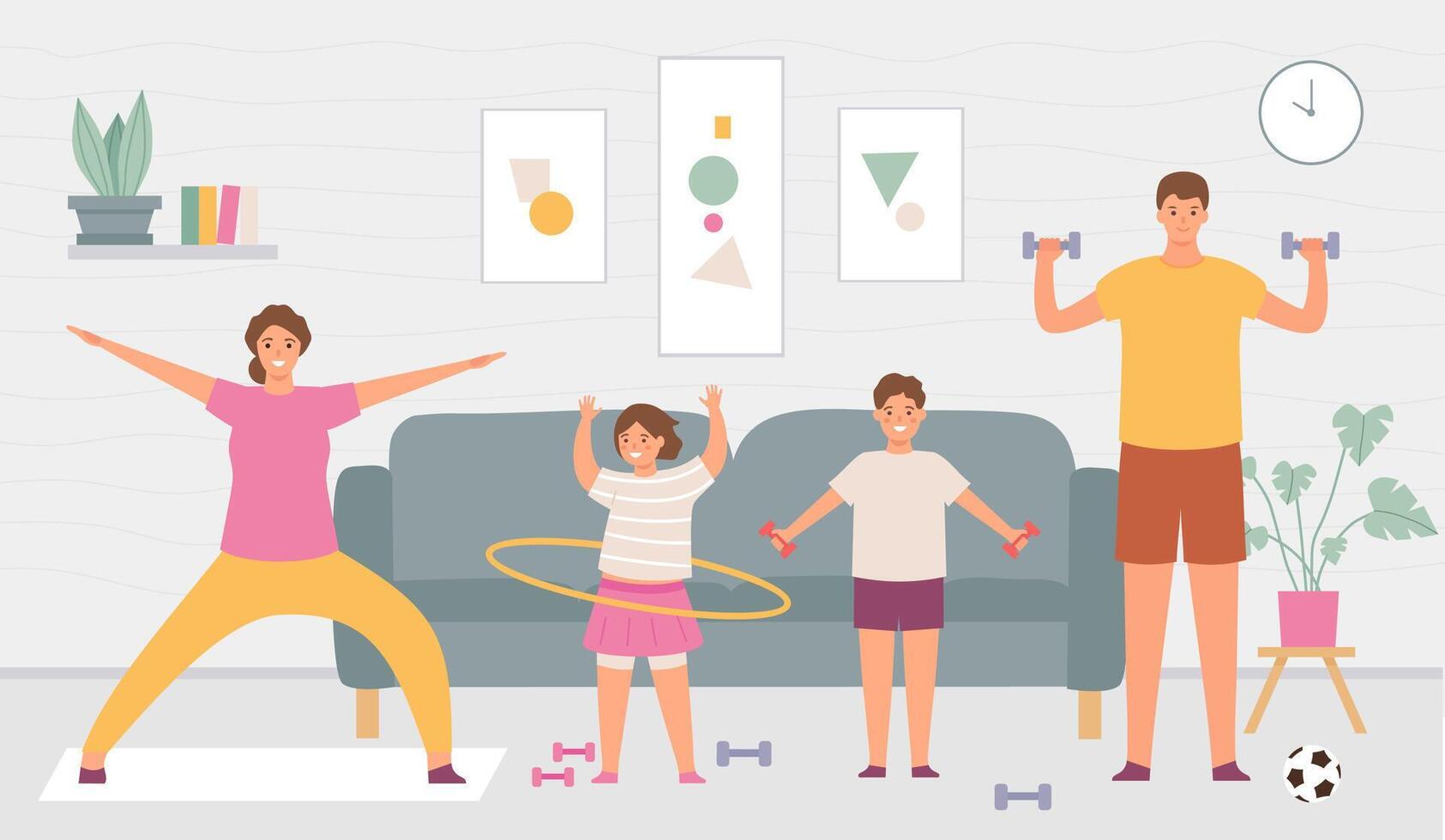 Sport family at home. Parents and kids do exercise in house interior. Indoor healthy lifestyle for active adults and children vector concept