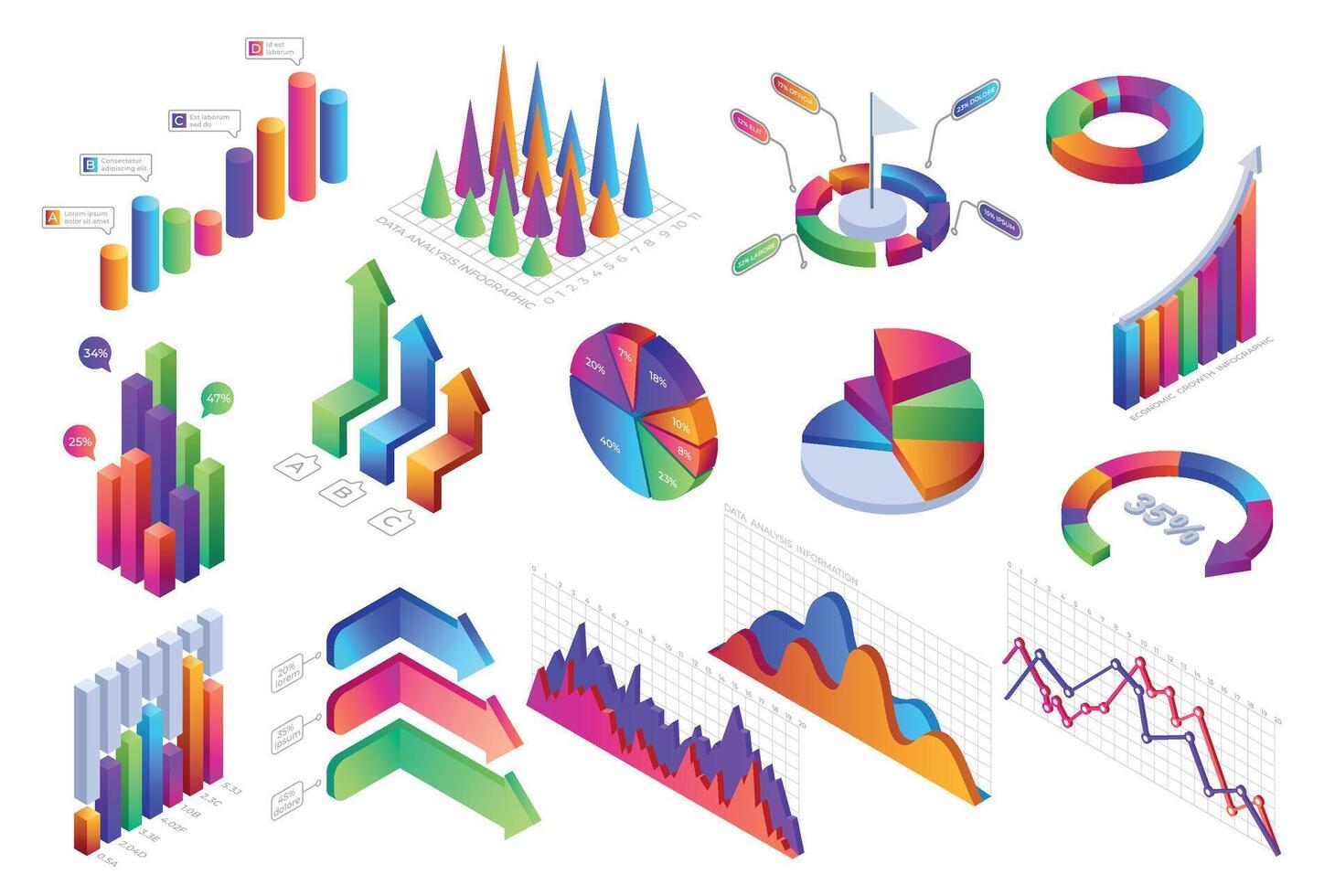Isometric infographic. 3D diagrams, graphs, progress bars and charts, business and finance statistic and analytic. Vector presentation layout with abstract shapes