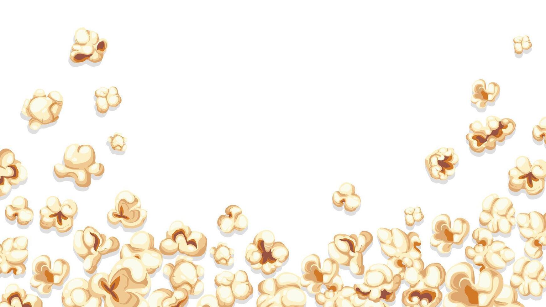 Falling popcorn background. Cartoon movie banner with fun cinema snacks of various shapes, framing cover with flying popping corn. Vector illustration