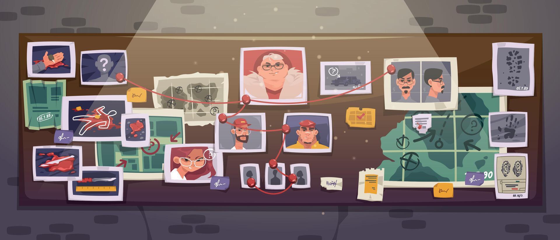 Cartoon detective board. Police cork pinboard with evidence victim photo accident information, crime investigation plan and equipment. Vector flat set