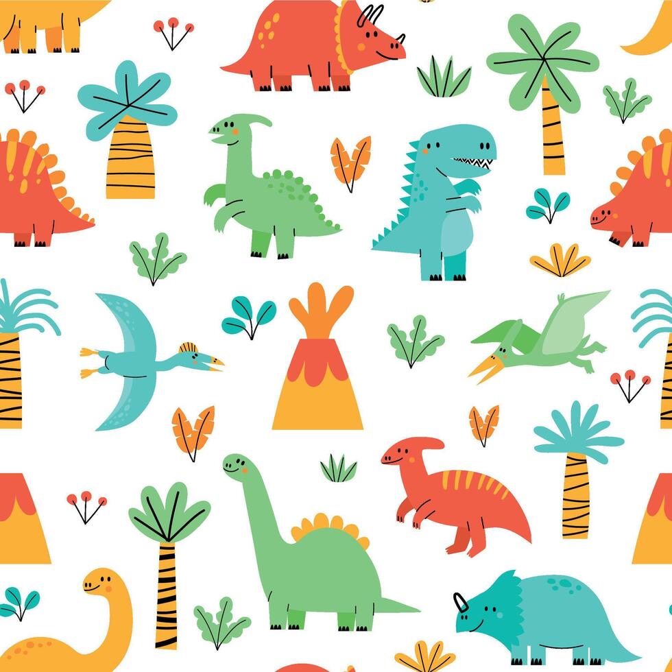 Cute dinosaur pattern. Seamless print of baby dino funny mascot character, childish scandinavian clipart. Vector kids Jurassic animal texture