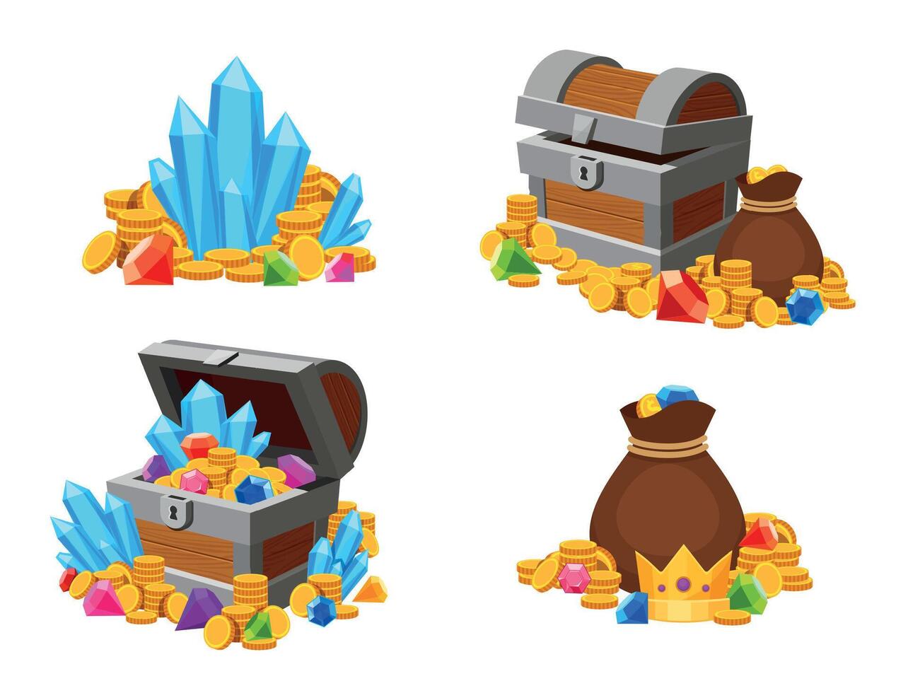 Cartoon treasure with gold coins and colorful gemstones. Open and closed chests, bag and money heaps vector