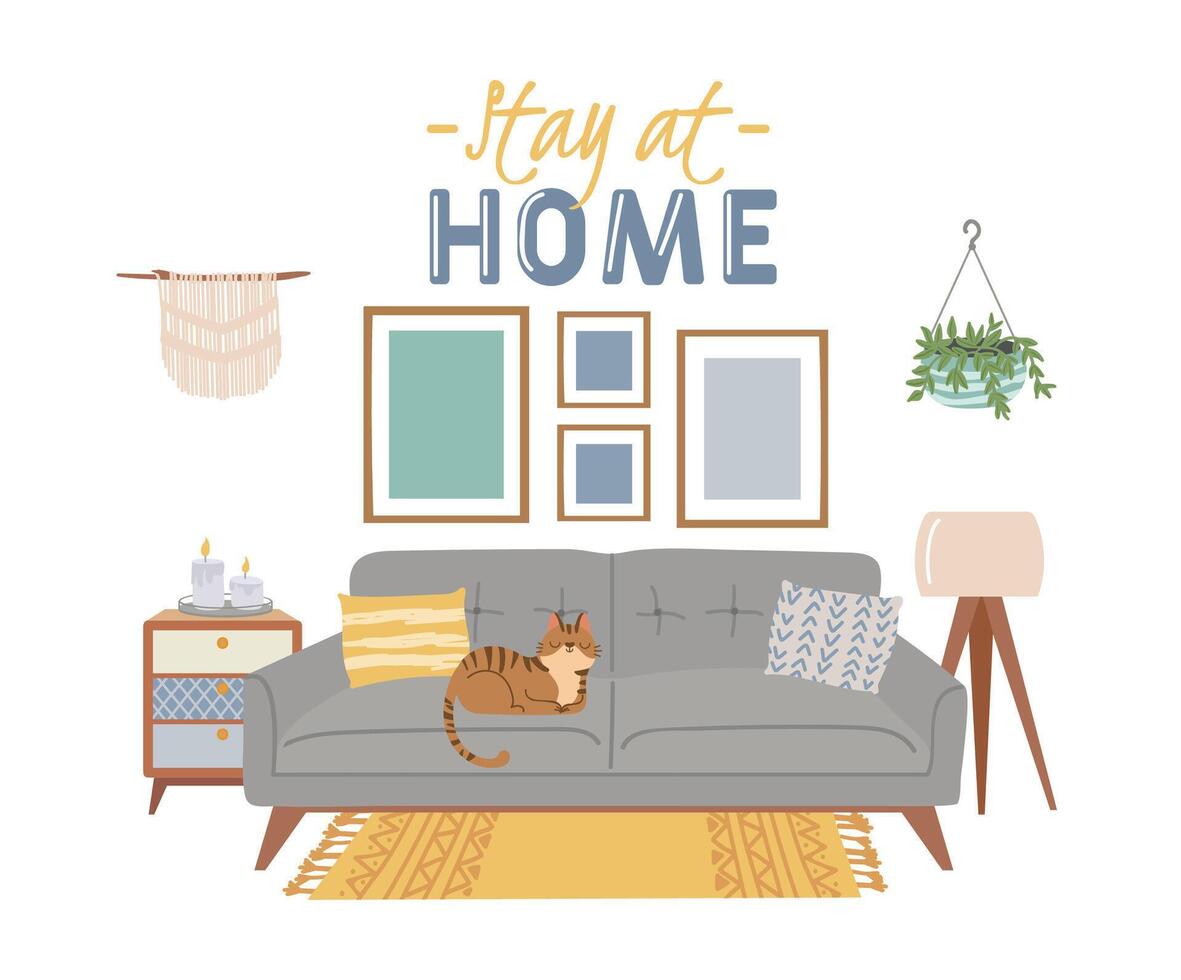 Scandic cozy interiors, stay at home banner vector