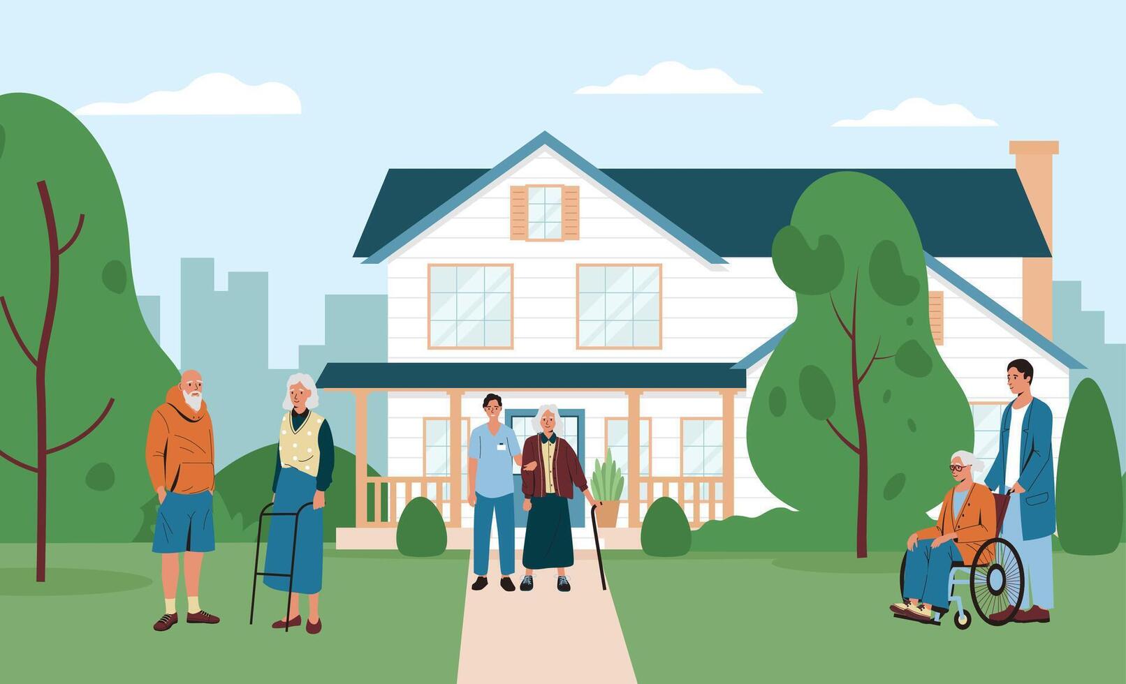 Nursing home center for retired people which walking vector
