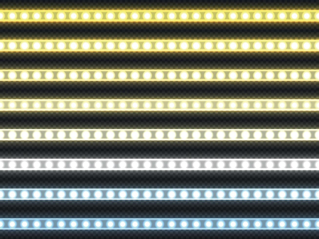White LED strip. Realistic white light decorative ribbon of different color temperature 3000 and 6500 Kelvin. Vector glowing diode tapes isolate set