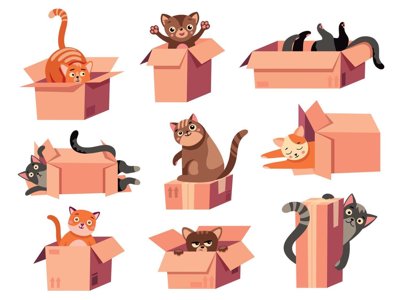 Cat hiding in box. Cartoon cute domestic animal hides in cardboard package, funny kitten playing with cardboard box and toys. Vector isolated set