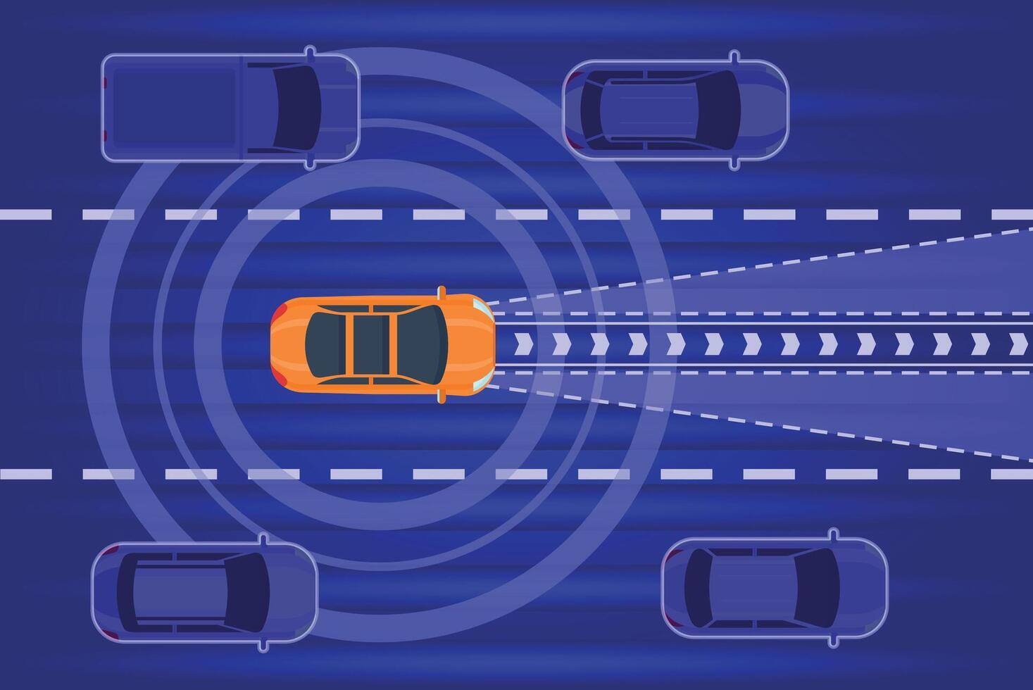 Smart autonomous car drive in traffic top view. Future car with radar technology system scan city road. Auto electric transport vector scene