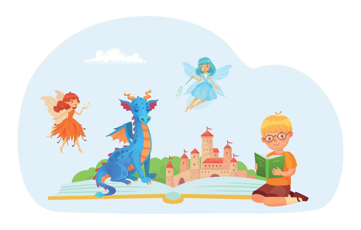 Little kid read book about dragons and fairies vector