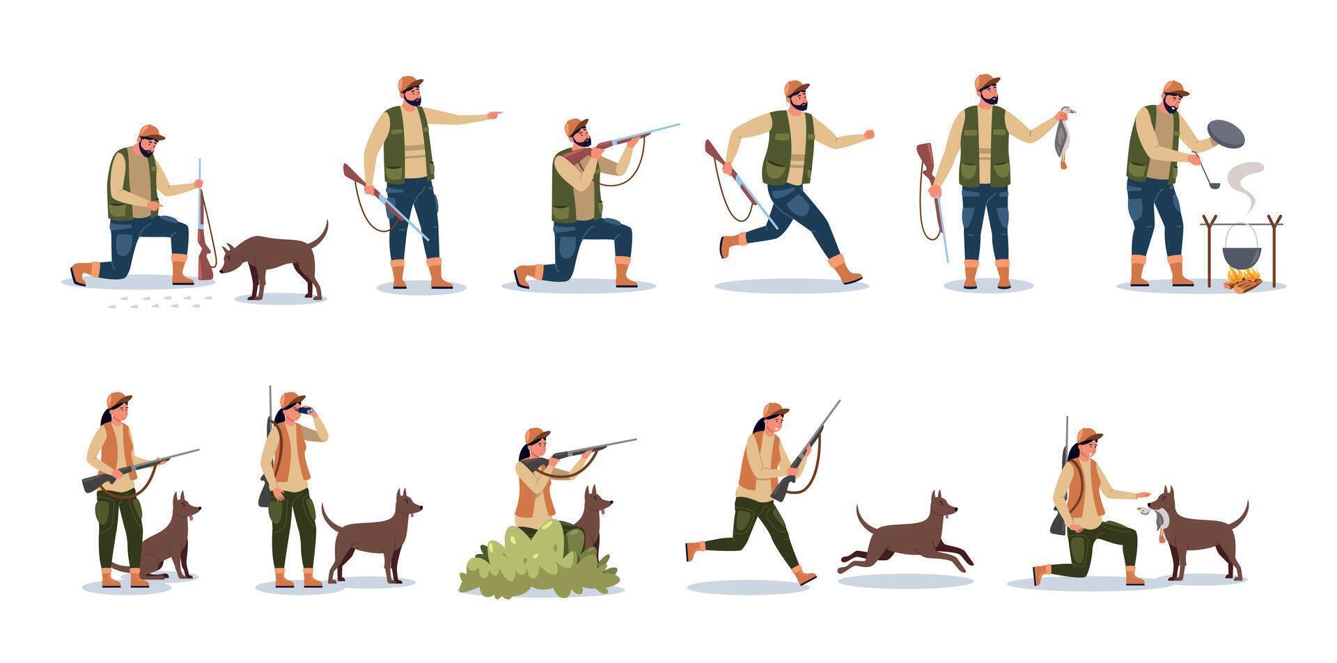 Hunter character. Cartoon person with hunting dog pointing weapon, hunter male and female in camouflage clothes with dog in forest. Vector set