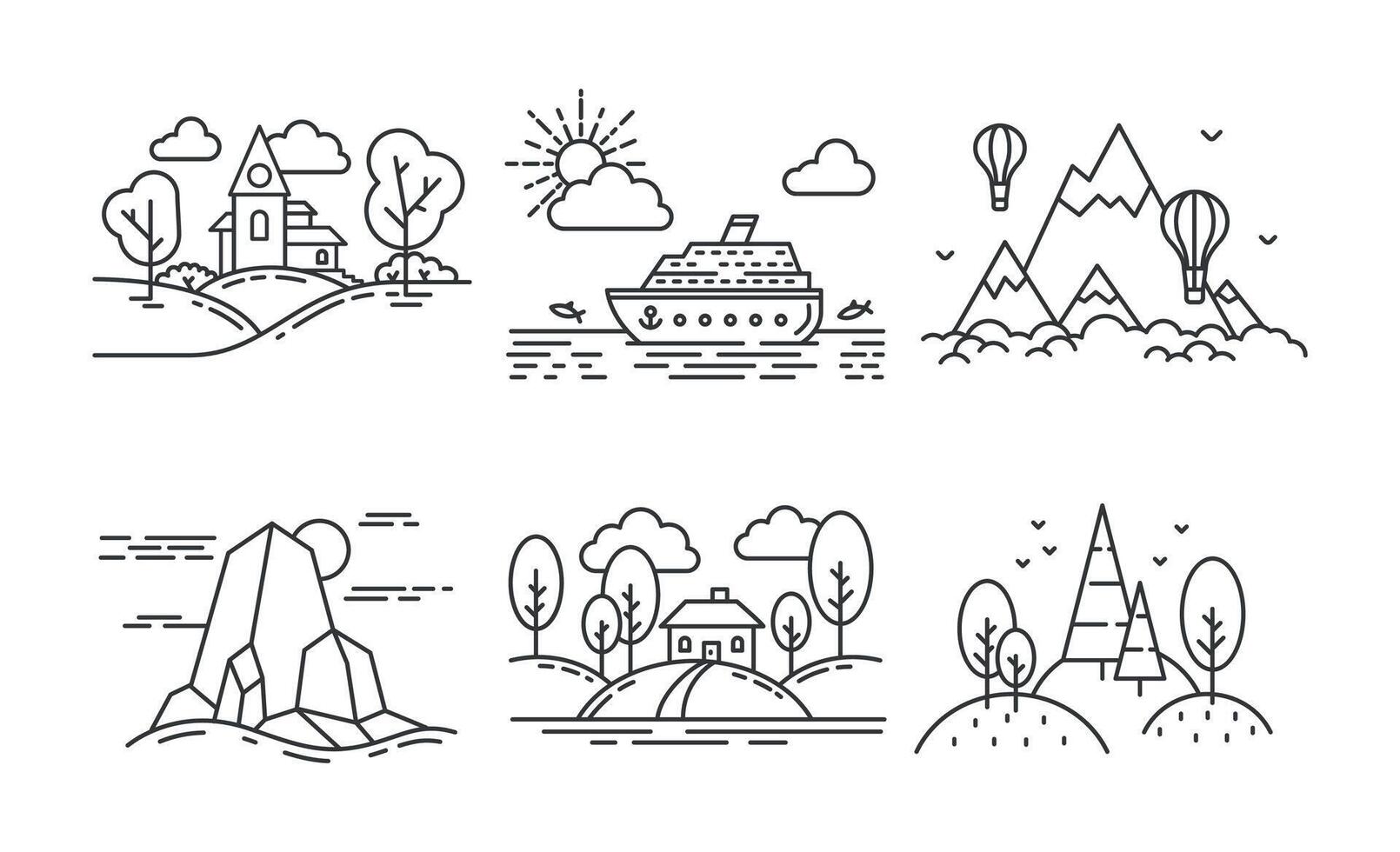 línea icono paisaje, bosque y montaña, pueblo y mar vector