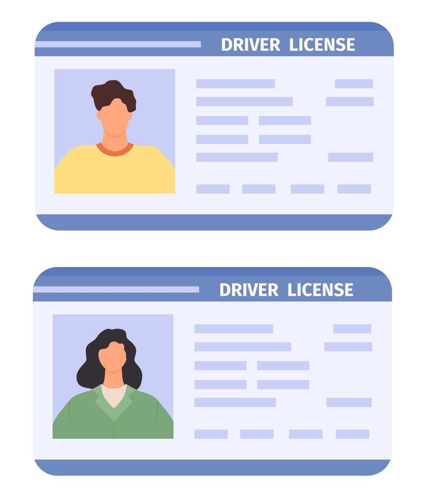 Drivers id card. Woman and man driving licences with photo. Flat plastic identity document icon. Personal driver badges vector template set